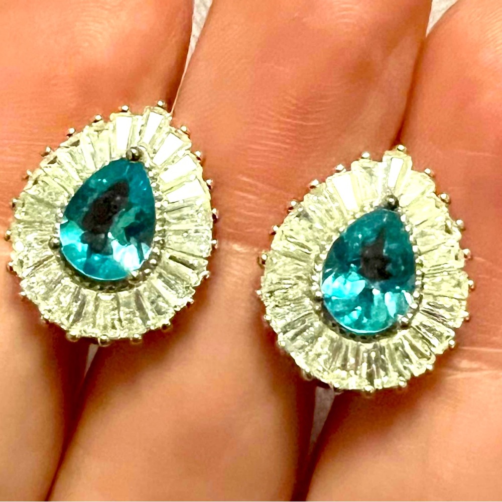 Intense Untreated Neon Blue Apatite and CZ Sterling Silver Earrings